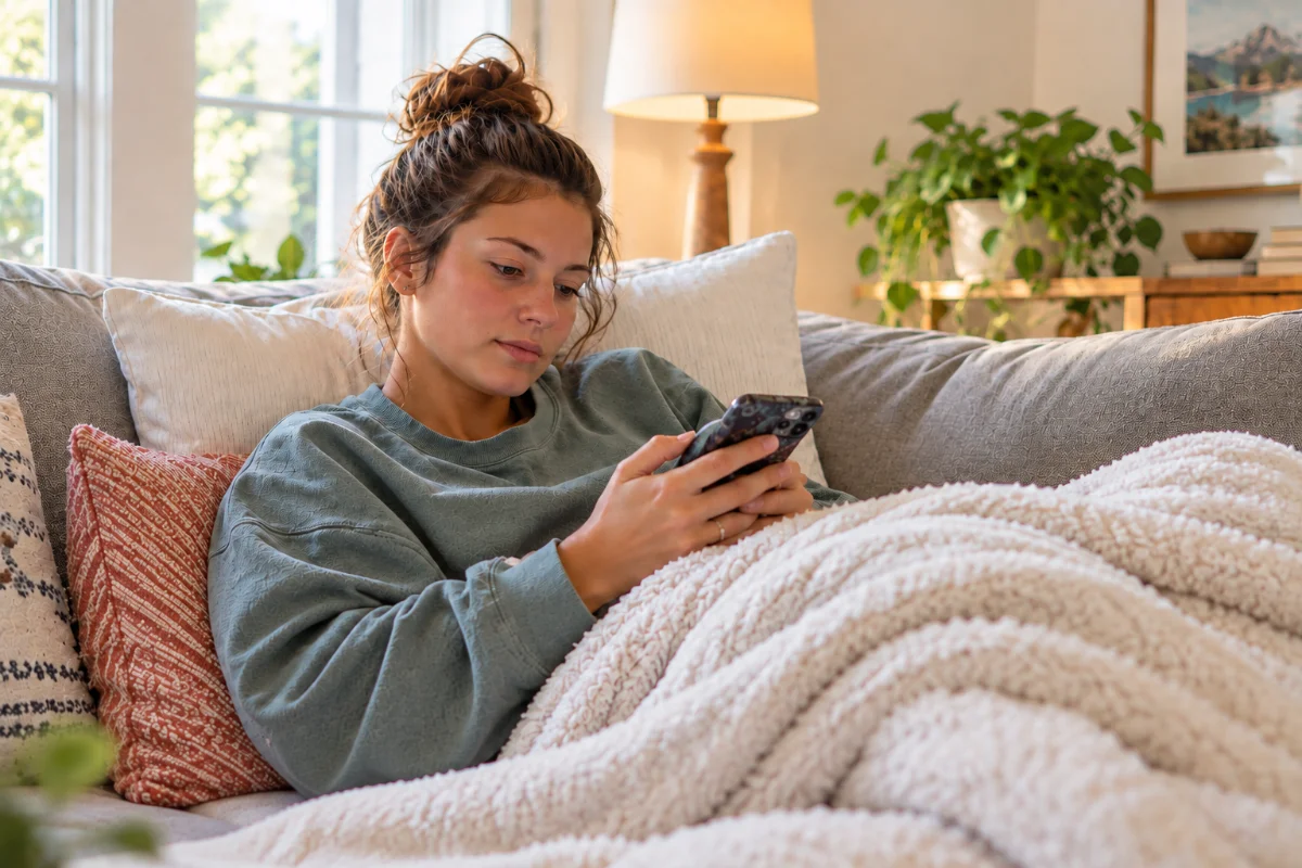 A woman resting on the couch, texting on her phone.
